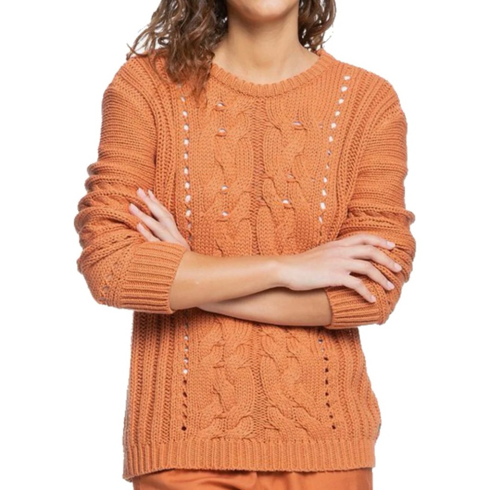 Roxy Orange Paradise Maker Cable Knit Crew Neck Sweater Size Medium
